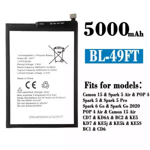 Battery BL-49FT for Tecno Camon 15 /Camon 15 Air/ Spark 5 Air /Spark 5 / Spark 5 Pro / Spark 6 Go / Spark Go 2020 / POP 4/POP 4 Air
