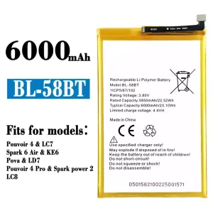 Battery BL-58BT for Tecno Pouvoir 4 / Pouvoir 4 Pro/ Spark 6 Air / Spark power 2